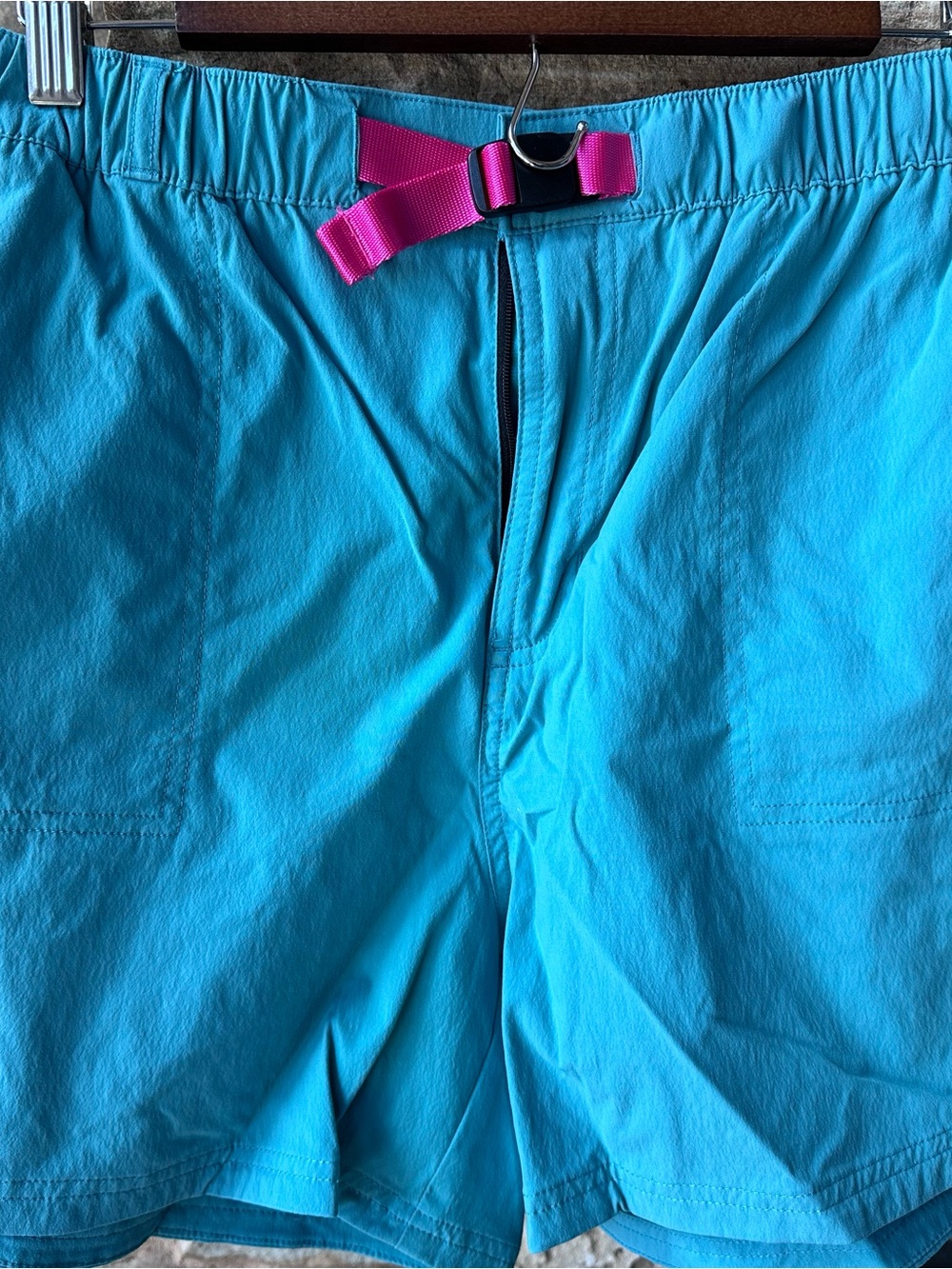 Topo Designs Aqua Blue Athletic Shorts with Pink Drawcord